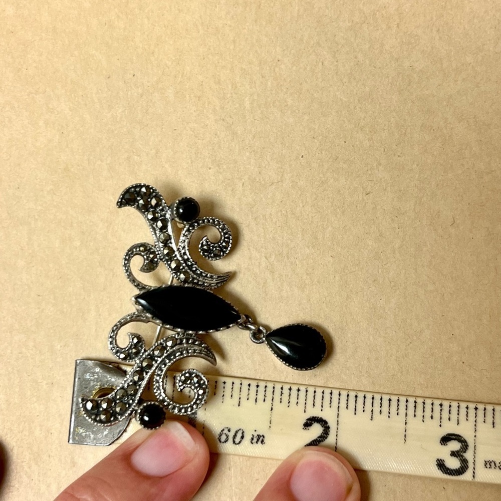 Art Deco Art Nouveau vintage brooch marcasite onyx Victorian revival elegant - Picture 6 of 6